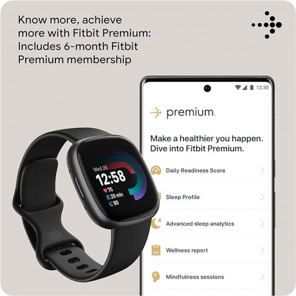 Fitbit Versa 4 Fitness - Reloj inteligente con preparación diaria, GPS, frecuencia cardíaca 24/7, más de 40 modos de ejercicio, seguimiento del sueño y más, negro/grafito, talla única (bandas S y L incluidas)