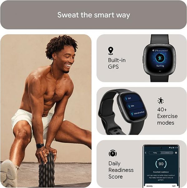 Smasrtwatch Fitbit Versa 4 Fitness - Reloj inteligente con preparación diaria, GPS, frecuencia cardíaca 24/7, más de 40 modos de ejercicio, seguimiento del sueño y más, negro/grafito, talla única (bandas S y L incluidas)
