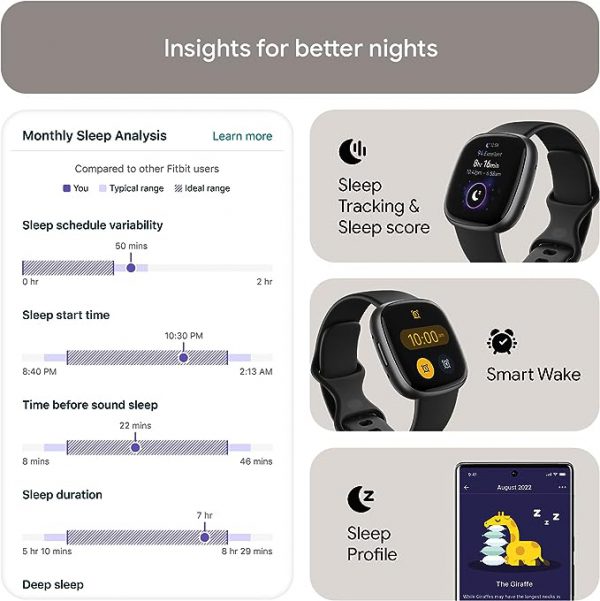 Fitbit Versa 4 Fitness - Reloj inteligente con preparación diaria, GPS, frecuencia cardíaca 24/7, más de 40 modos de ejercicio, seguimiento del sueño y más, negro/grafito, talla única (bandas S y L incluidas)