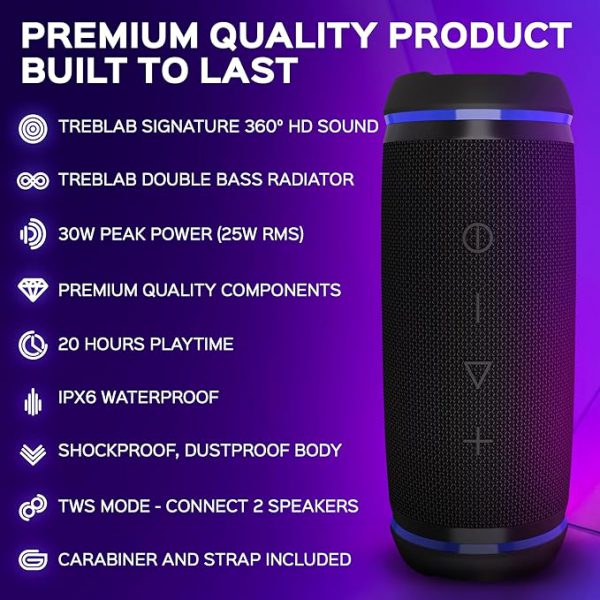 TREBLAB HD77 - Altavoz Bluetooth ultra premium - Sonido envolvente HD de 360°, emparejamiento dual inalámbrico, estéreo de 25 W, graves fuertes, batería de 20 horas, impermeable IPX6, deportes al aire libre, dientes azules portátiles