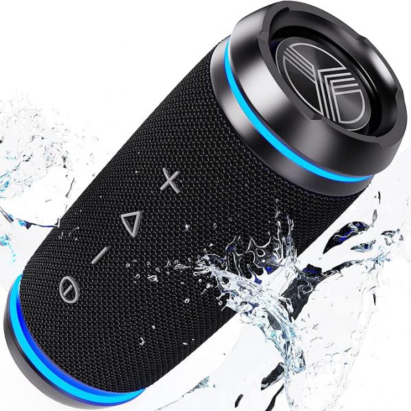 TREBLAB HD77 - Altavoz Bluetooth ultra premium - Sonido envolvente HD de 360°, emparejamiento dual inalámbrico, estéreo de 25 W, graves fuertes, batería de 20 horas, impermeable IPX6, deportes al aire libre, dientes azules portátiles